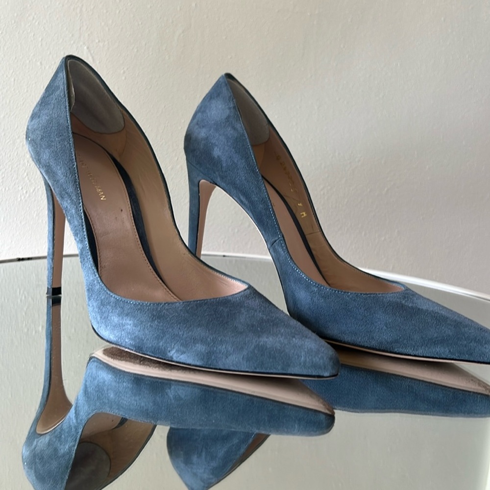 Blue Suede Pointed-Toe Stiletto Pumps